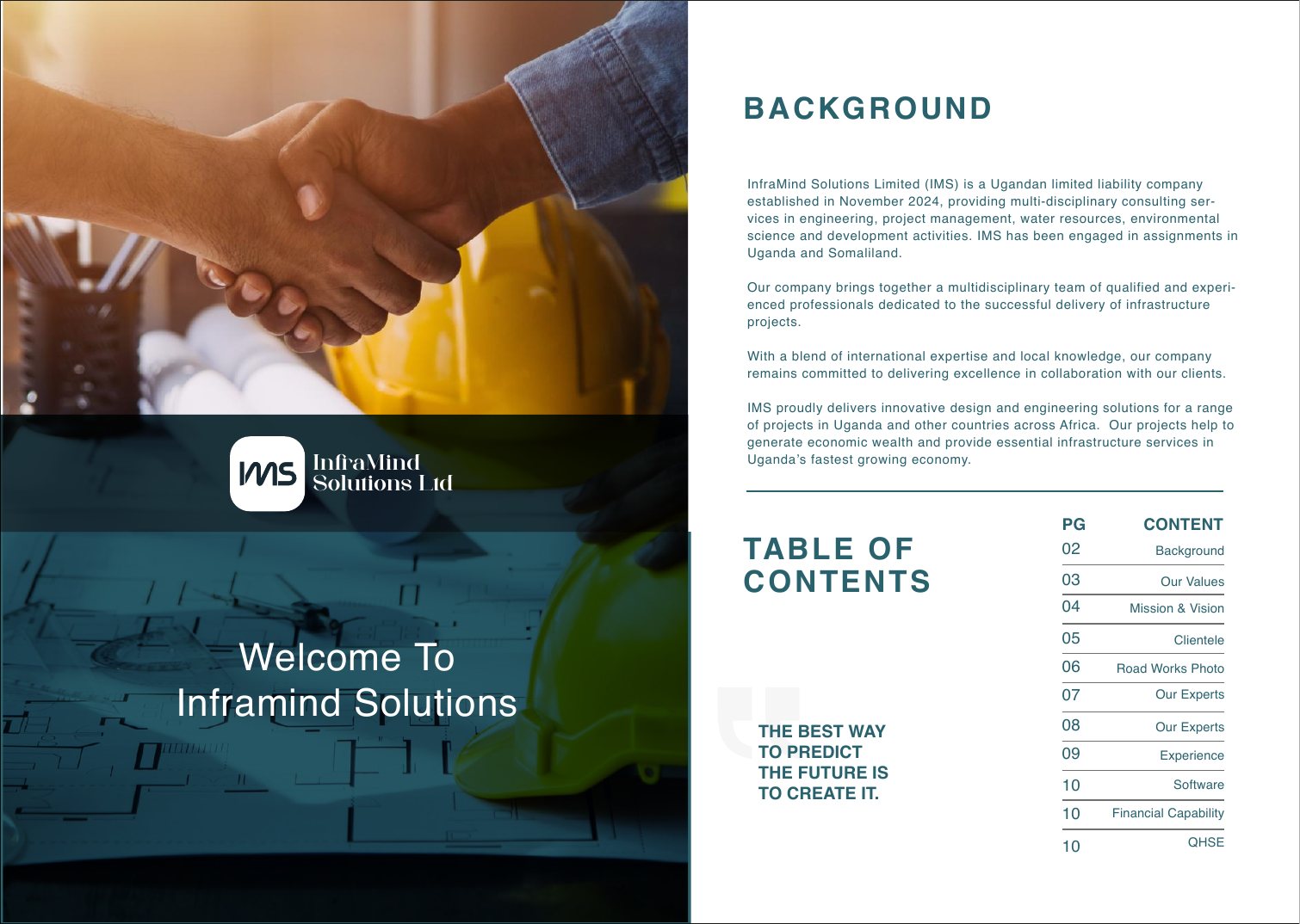 InfraMind Solutions company profile, welcome and background spread