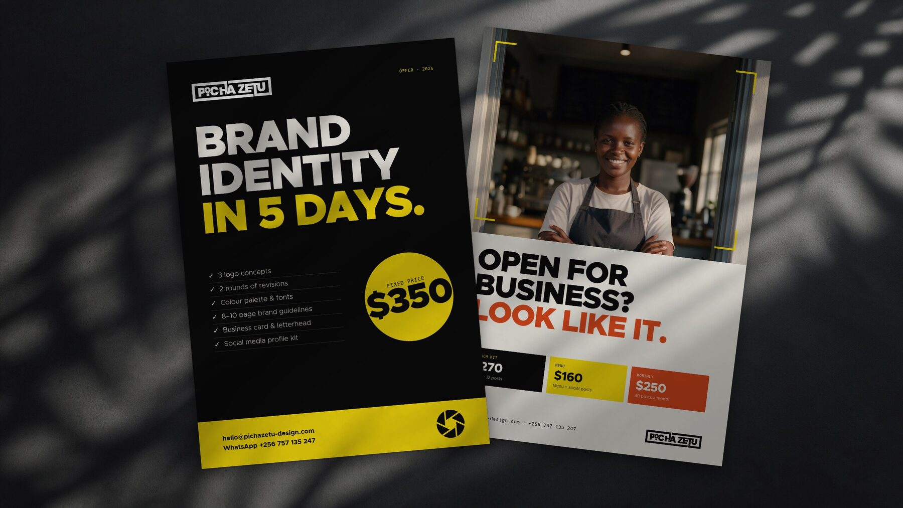 Two A5 flyers on a desk